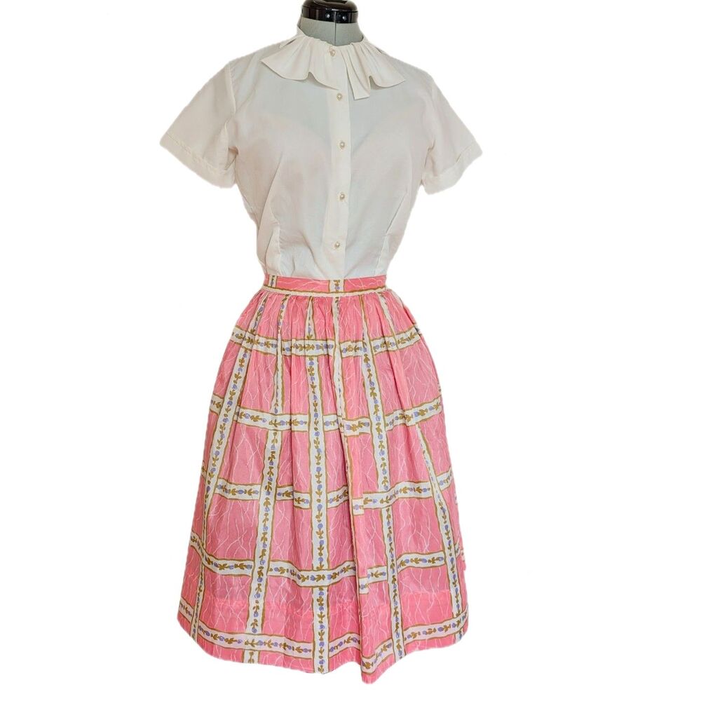 VTG 50s Judy Bond Sony Costume Dept. Pink Novelty Floral Print Taffeta Skirt 6/8